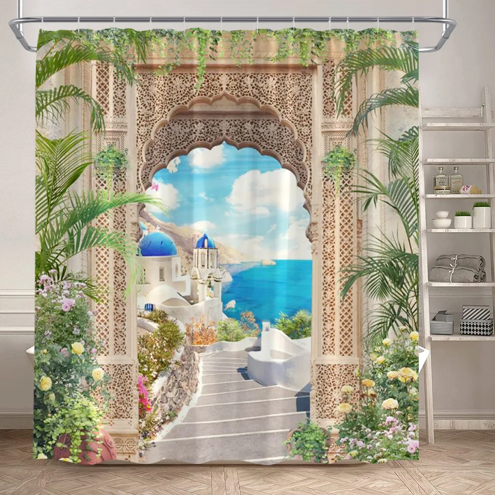 Island Landscape Shower Curtain Ocean Seaside Flower Plant Vintage Window Nature Scene Polyester Cloth Bathroom Decor With Hooks