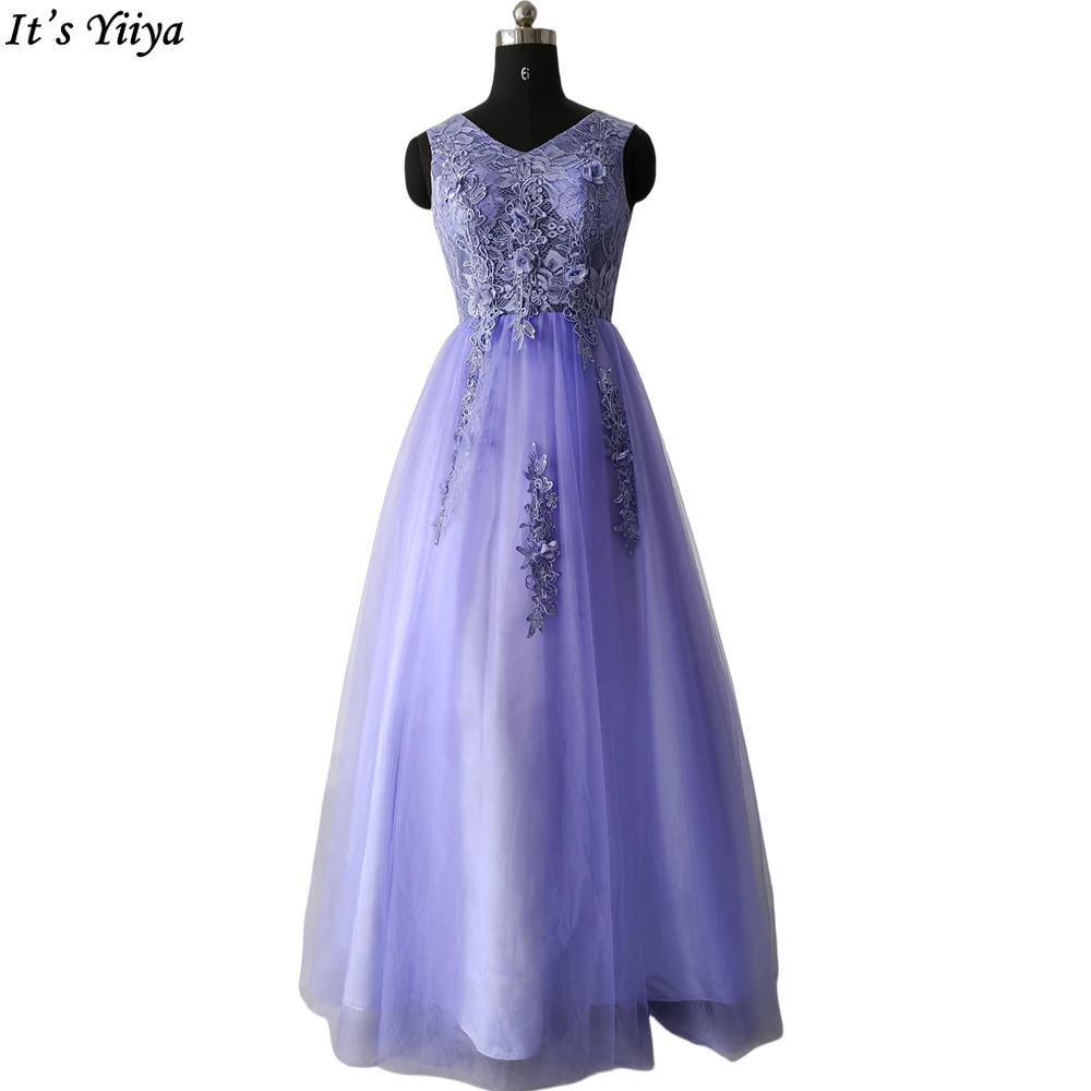 

It's Yiiya Floral Evening Dress Purple Tulle V-Neck Backless Sleeveless Floor-Length Plus size Party Formal Dresses Woman B1668