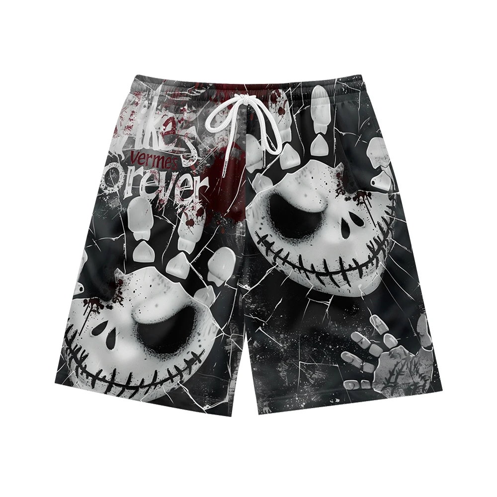 Skull palm print pattern, suitable for daily wear, casual trend, summer men's drawstring beach sports shorts