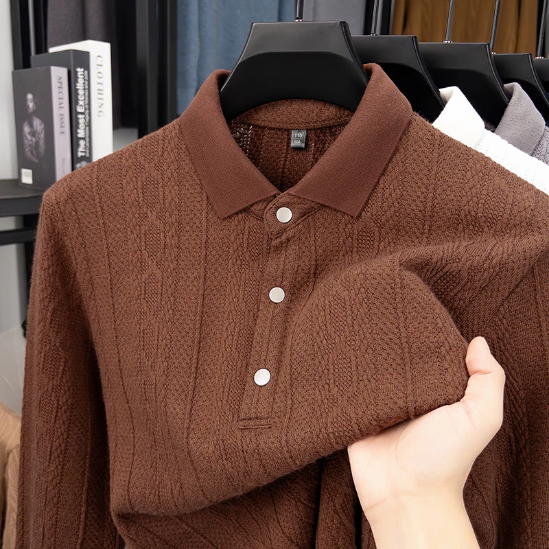 Polo da uomo a maniche lunghe lavorata a maglia jacquard alla moda, comfort di alta qualità, primavera autunno, maglione con risvolto casual in tinta unita