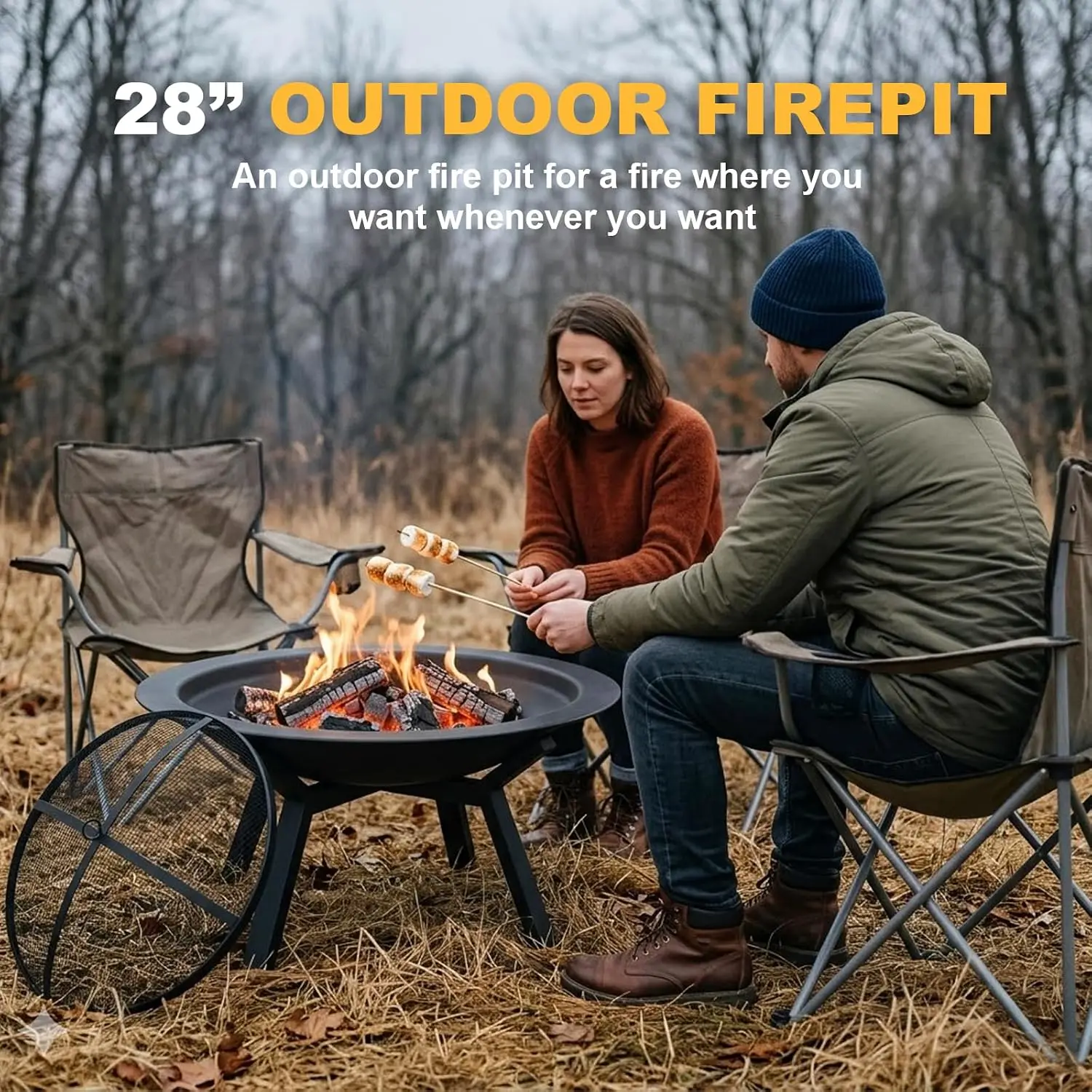 Outdoor Wood Burning Fire Pit Heavy Duty Round Steel Fire Bowl For Backyard Patio Camping Bonfire Black Finish With Mesh Spark Screen Lid Fire Poker 1 Pack