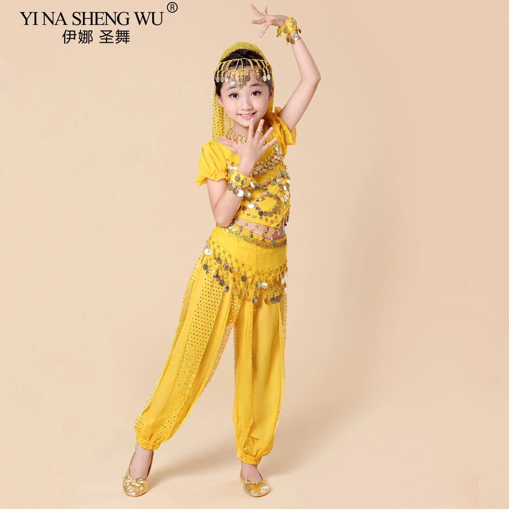 Nuevos trajes de danza del vientre para niños, conjunto de 5 uds (Top + Pantalones + cadena de cintura + pulsera + tocado), trajes de Bollywood para danza del vientre de la India para niños
