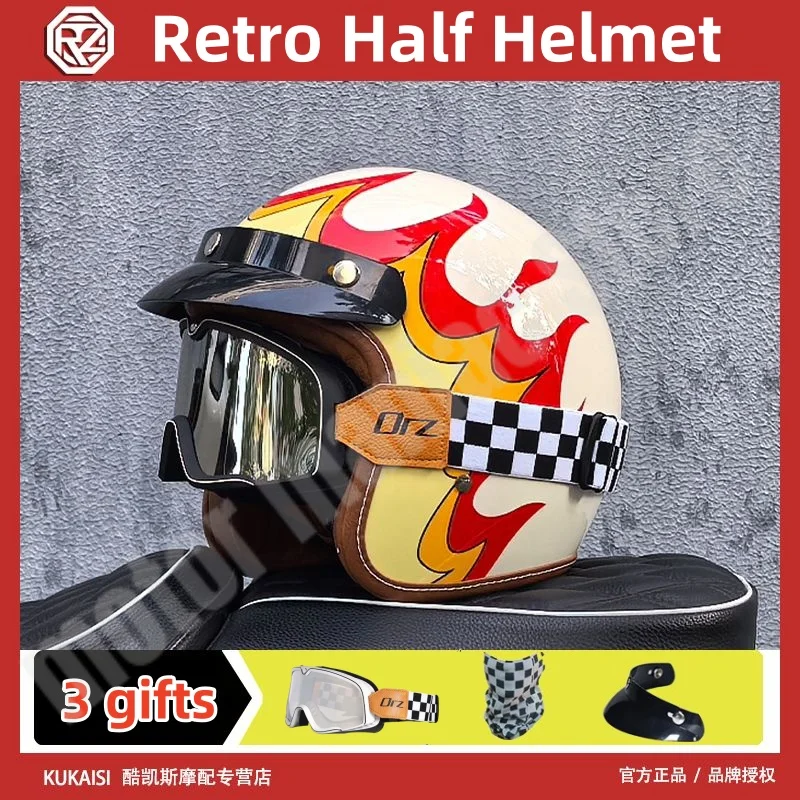 ORZ Retro Motorcycle Helmet Cruising Off-road Half Helmet American Locomotive 3/4 Helmet Four Season Universal with Goggles