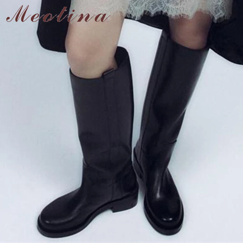 Meotina stivali alti al ginocchio in vera pelle da donna punta tonda tacchi medi spessi piattaforma stivali lunghi scarpe moda donna autunno inverno