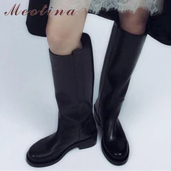 Meotina Women Genuine Leather Knee High Boots Round Toe Thick Mid Heels Platform Long Boot Ladies Fashion Shoes Autumn Winter 42