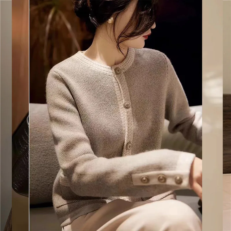 Jesień Zima Vintage Wełniany Dzianinowy Kardigan Odzież Damska Moda Proste Kieszenie Swetry O-neck Luźne Topy dojazdowe 