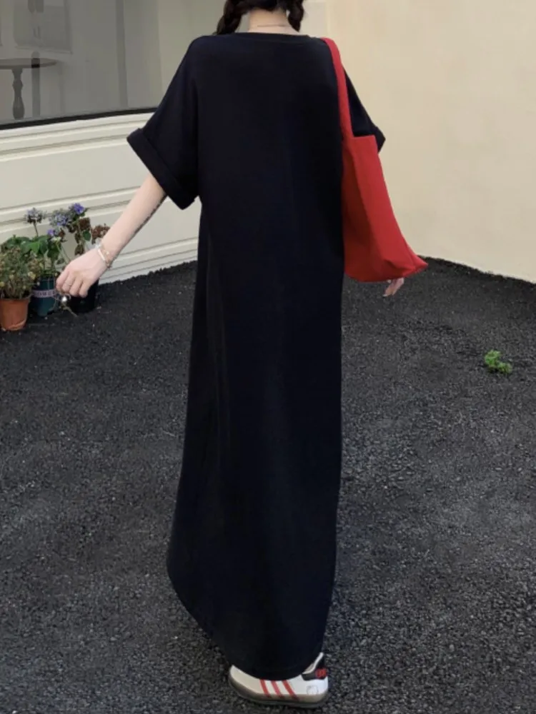 فستان صيفي كبير الحجم مطبوع عليه تي شيرت نسائي فضفاض برقبة دائرية وتنورة طويلة فستان نسائي عصري فساتين سوداء للسيدات فيستدوس