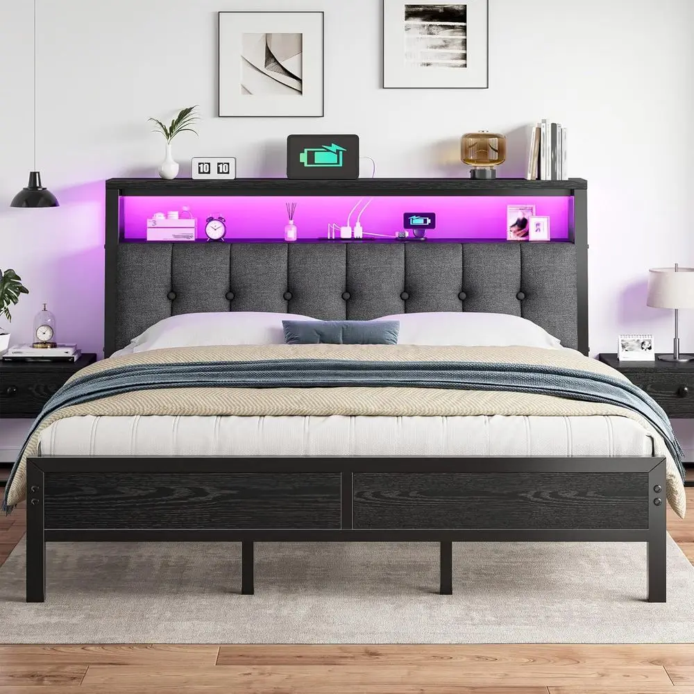 

King Size Bed with Smart LED Lights, Upholstered Headboard, Charging Station, Metal Platform, 12 Under-Bed and 2-Tier Storage Sh