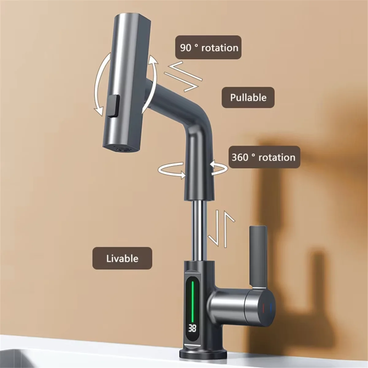 A44U Waterfall Basin Faucet Pull-Out Kitchen & Bathroom Faucet Rainfall Temperature Digital Display No Battery Silver