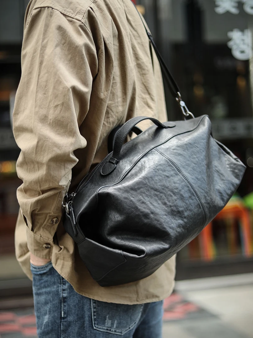 Soft Men's Handbags Black Genuine Leather Sports Gym Bag Large Capacity Shoulder Crossbody Bag Business Trip Travel Bags