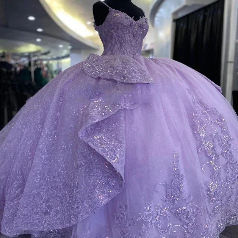 Exquisito vestido para quinceañeras de lavanda de México para niña, vestido de fiesta de cumpleaños con tirantes finos y cordones personalizado Popular