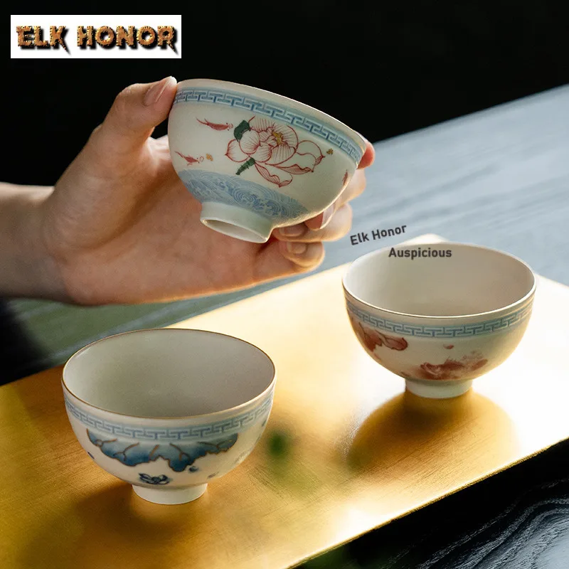 95ml Gold Drawing Pure Hand-painted Fish Algae Teacup Tea Bowl Tea Cup Set Tea-tasting Fragrance Cup Chazhan Master Cups Teaset