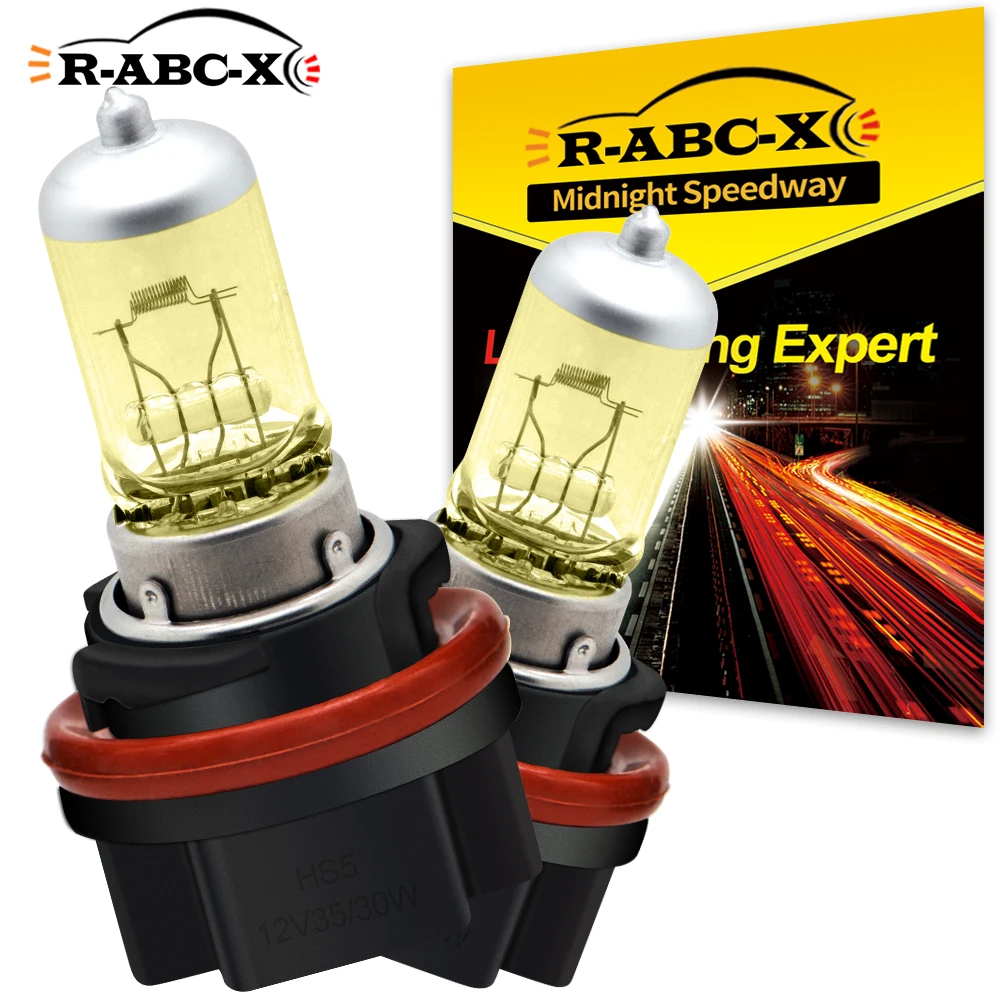 RUIANDSION 2x HS5 Halogen Motorcycle Headlight Bulb 12V 35/30W Yellow High Low Beam 600LM Plug&Play Non-Polarity Moto Head Lamp