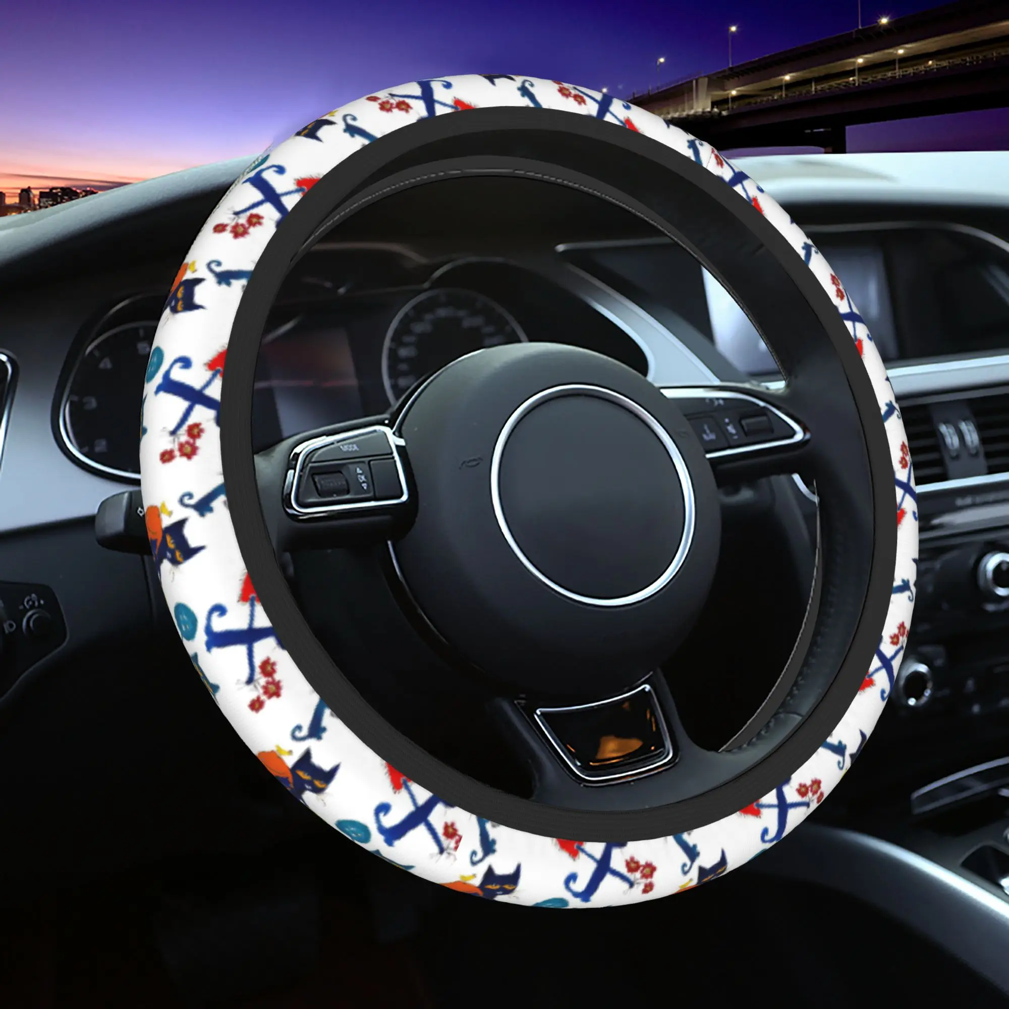 37-38 Car Steering Wheel Cover Pete the Cat Elastic Groovy Cat Braid On The Steering Wheel Cover Auto Automobile Accessory