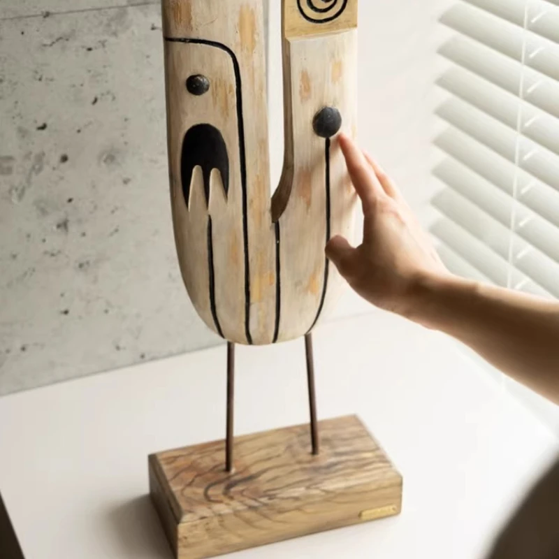 

African inspiration three-dimensional wood carving handmade contrasting colors contemporary art original totem entrance living