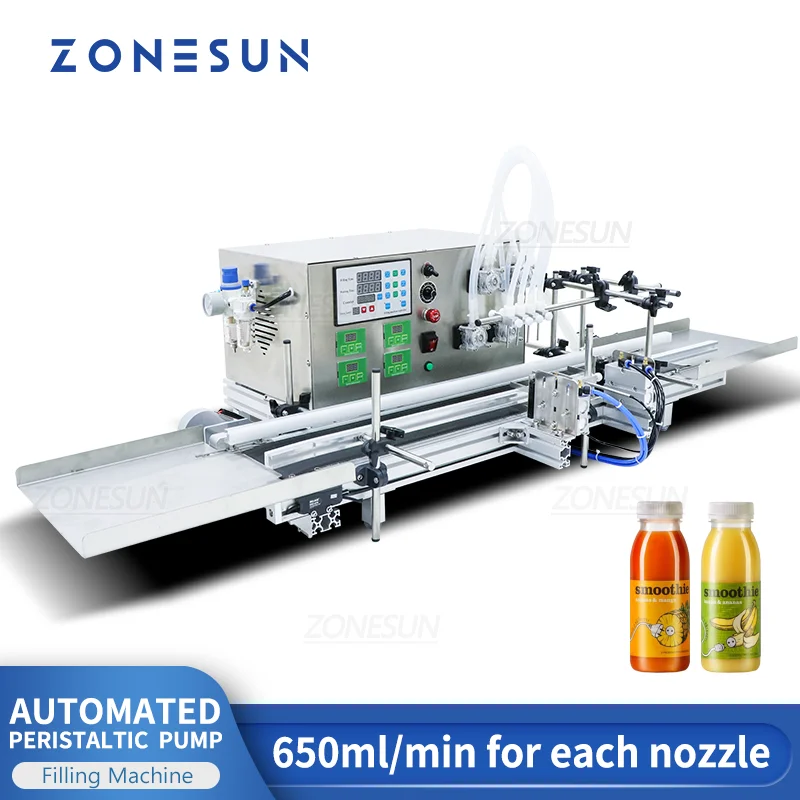 

ZONESUN Liquid Filling Machine Automatic Desktop Peristaltic Pump Beverages Perfume Water Filler With Conveyor ZS-DTPP4W