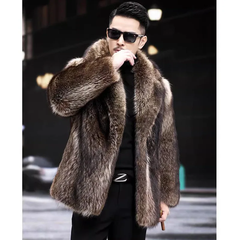 Men Autumn Winter Thick Maxi Faux Fox Fur Coat Jacket Long Sleeve Warm Luxury Fur Black Parkas Bontjas Furry Shaggy Outerwear