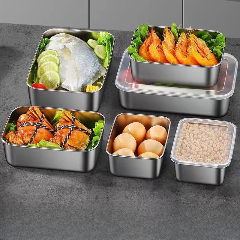 Stainless Steel Crisper Box with Lid Square Plate Refrigerator Storage Box Kitchen Bar Supplies 15326 Steamed Grilled Barbecue