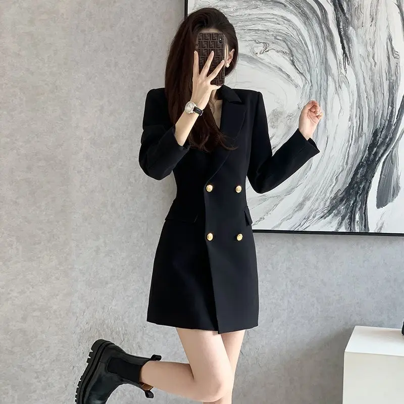 Black Formal Dress Women Spring Autumn New Elegant Slim-fit Double Breasted Long Sleeve Mini Suit Dresses