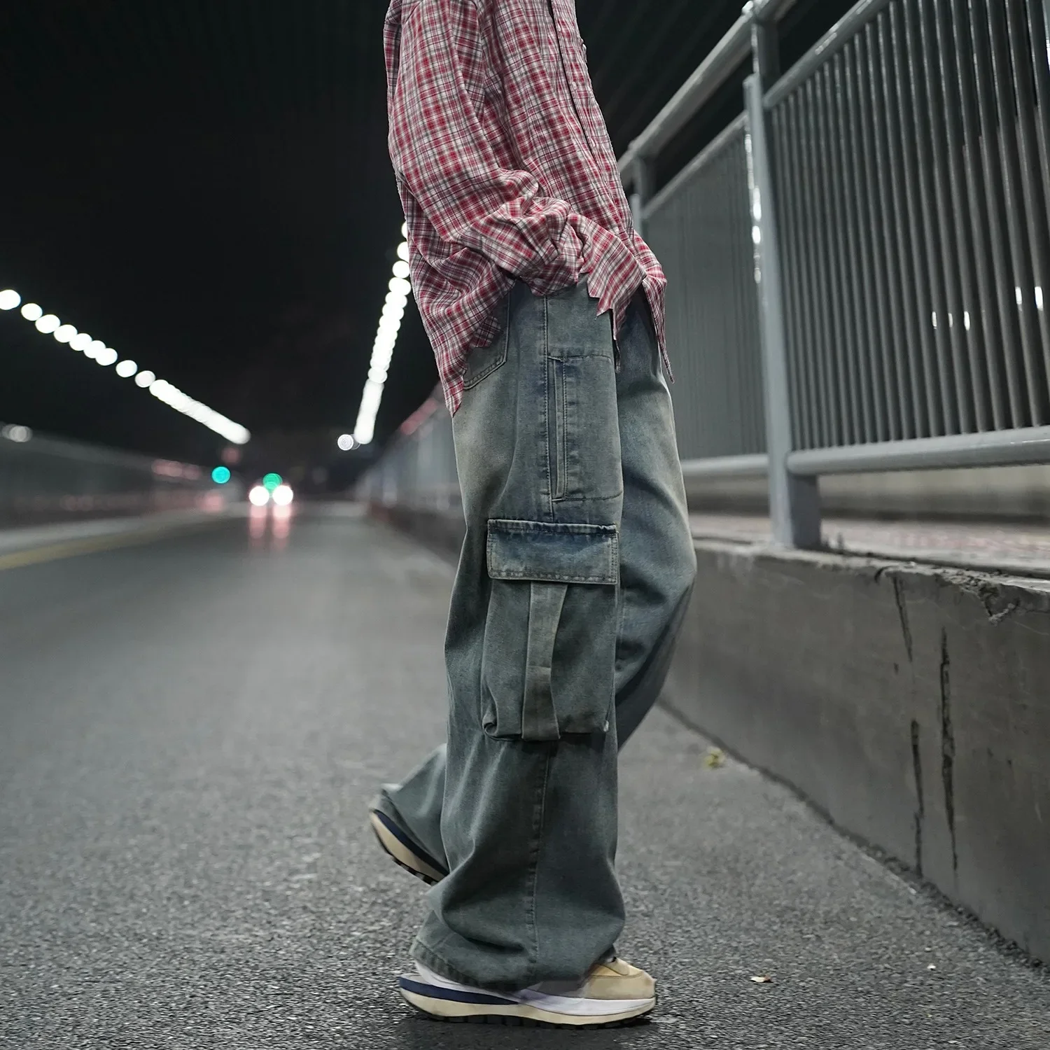American High Street Men's Vintage Black Blue Casual Trendy Loose Multi Pockets Wide Leg Denim Trousers Male Jeans Pants Clothes