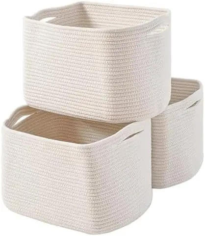

Woven Cotton Rope Storage Baskets 3-Pack – 15"x11"x9.5" – Off White – for Nursery, Toy, Book & Towel Organization