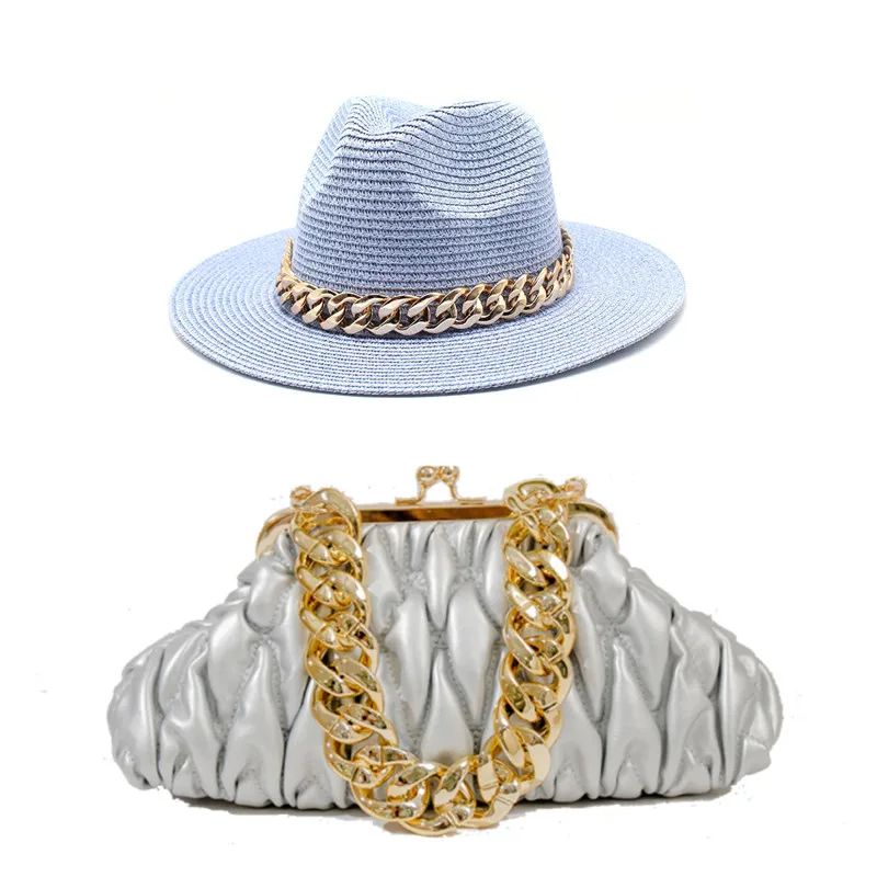 hat bag sets women fedoraStraw Hat and Bag Set Gold Chain Bag Hat Set Ladies earring fedora Church Fedora Party Jazz Straw Hat