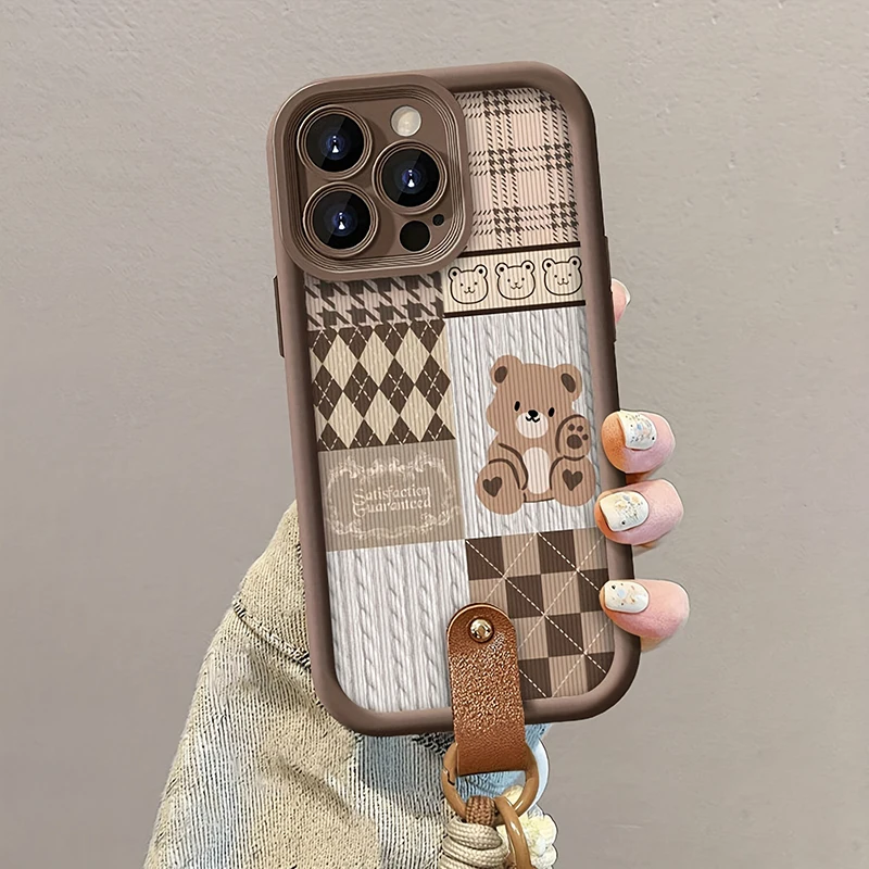 Gittermuster-Bären-Hängeband-Handyhülle für iPhone 18 17 16 15 14 Pro Max 13 12 11 Pro XS X XR 7 Plus SE Stoßfeste Weiche Hülle – Detail 2