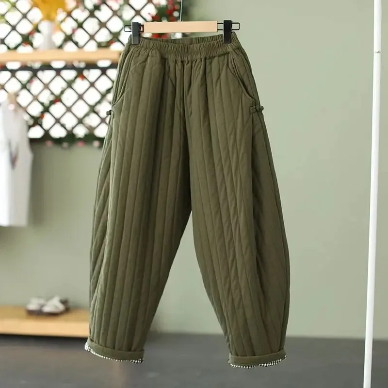 2024 Winter Warm Clip Cotton Thickened Retro Down Cotton Pants for Women's Outwear Elastic Waist Loose Relaxed Pants 6677