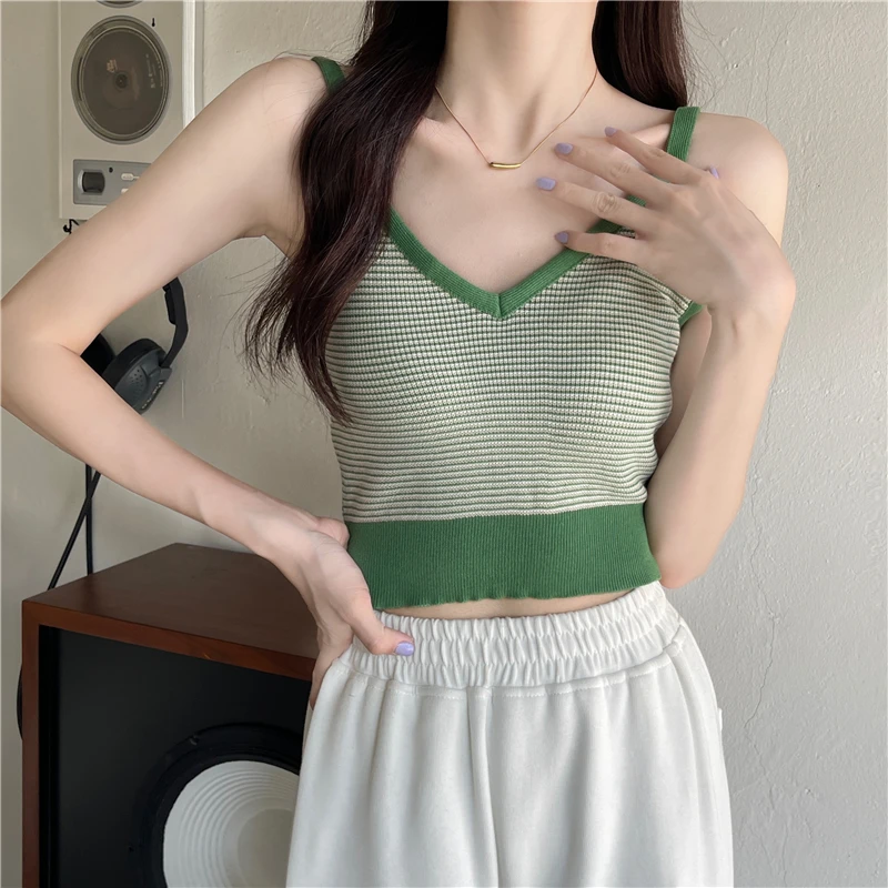 HELIAR Women Plaid Camisole Spaghetti Straps Patchwork Knitted Crop Tops Summer Tops Slim Fit All-match Casual Tank Top