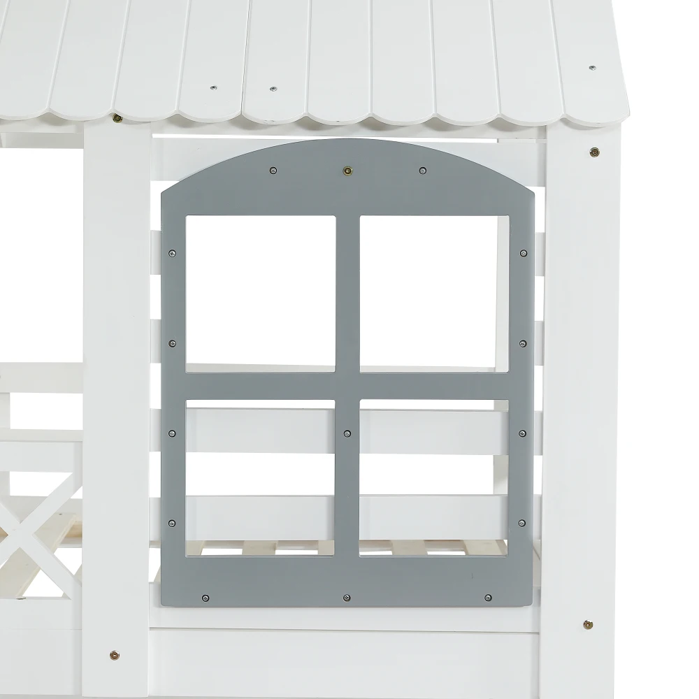 PINGGO Weißgraues Etagenbett 90x200cm mit Dachfenster, Leiter, Fallschirmgitter und 3 Staufächern aus Kiefern-MDF, ohne Matratze – Detail 25