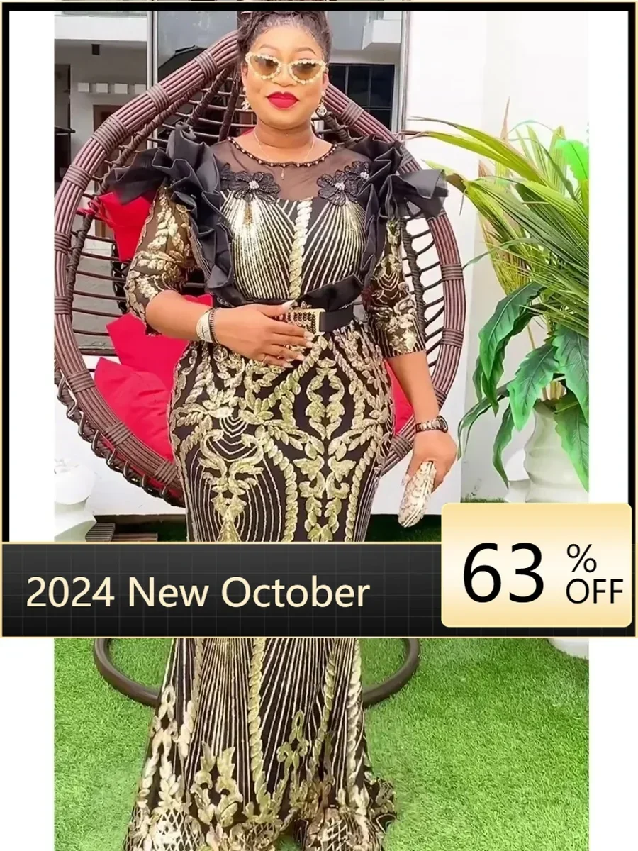 

2024 Plus Size African Party Dresses for Women Dashiki Ankara Sequin Wedding Evening Gown Bodycon Maxi Long Dress Africa Clothes