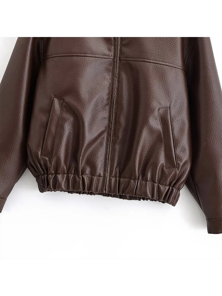 HH Damesmode Turn-down kraag Ritszakken Decoratie Effen korte jas Dames Casual nepleer Lange mouwen Straatjas