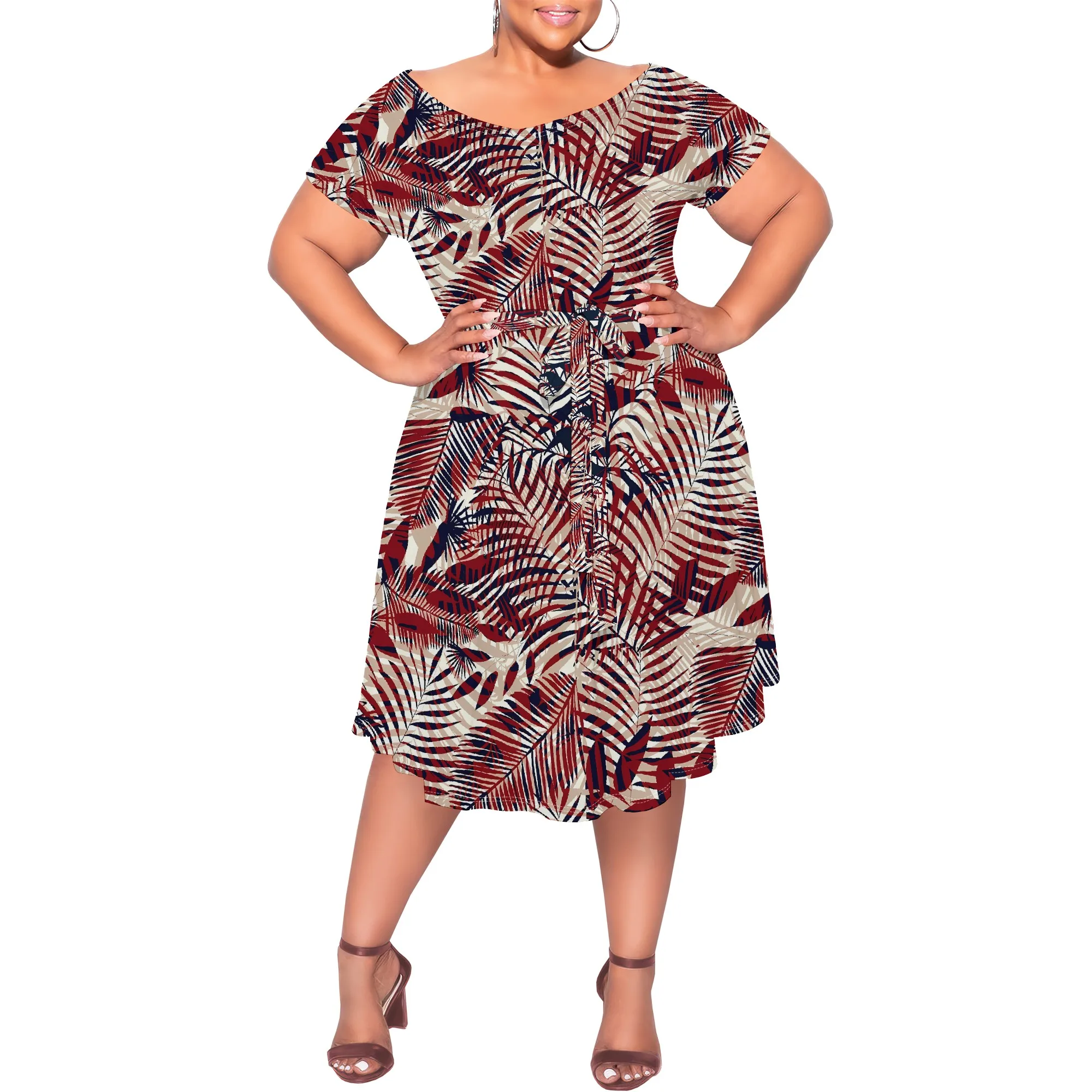 Nupusa jurk met palmbladprint voor dames, grote maten zomer, casual off-shoulder jurk met korte mouwen