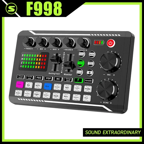 Tarjeta de sonido de estudio de transmisión en vivo F998, mezclador en vivo f998, equipo Bluetooth para DJ, consola de micrófono, cambiador de voz, mezclador de Audio estéreo