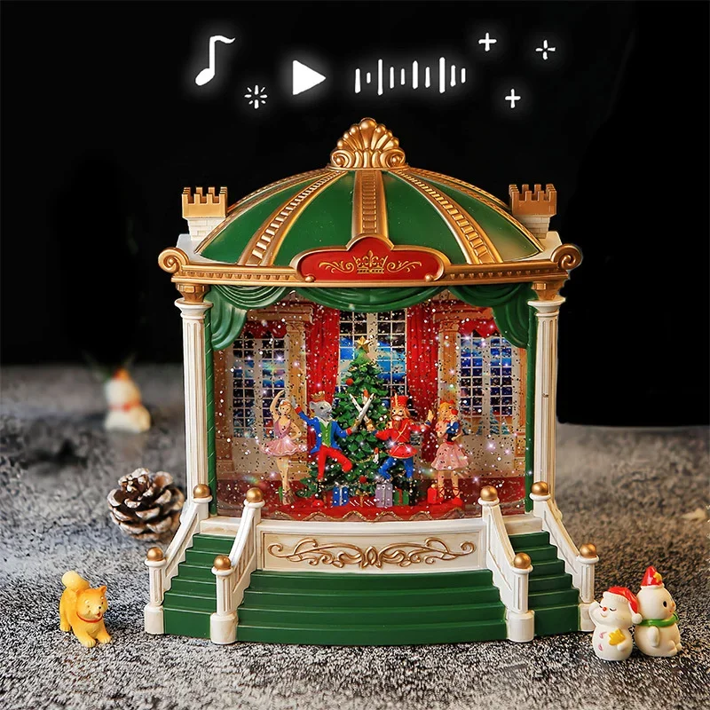 Creative Christmas Polyethylene Nutcracker Stage Music Box Snowfall Shine Desktop Ornament Display Window Festive Atmosphere Dec