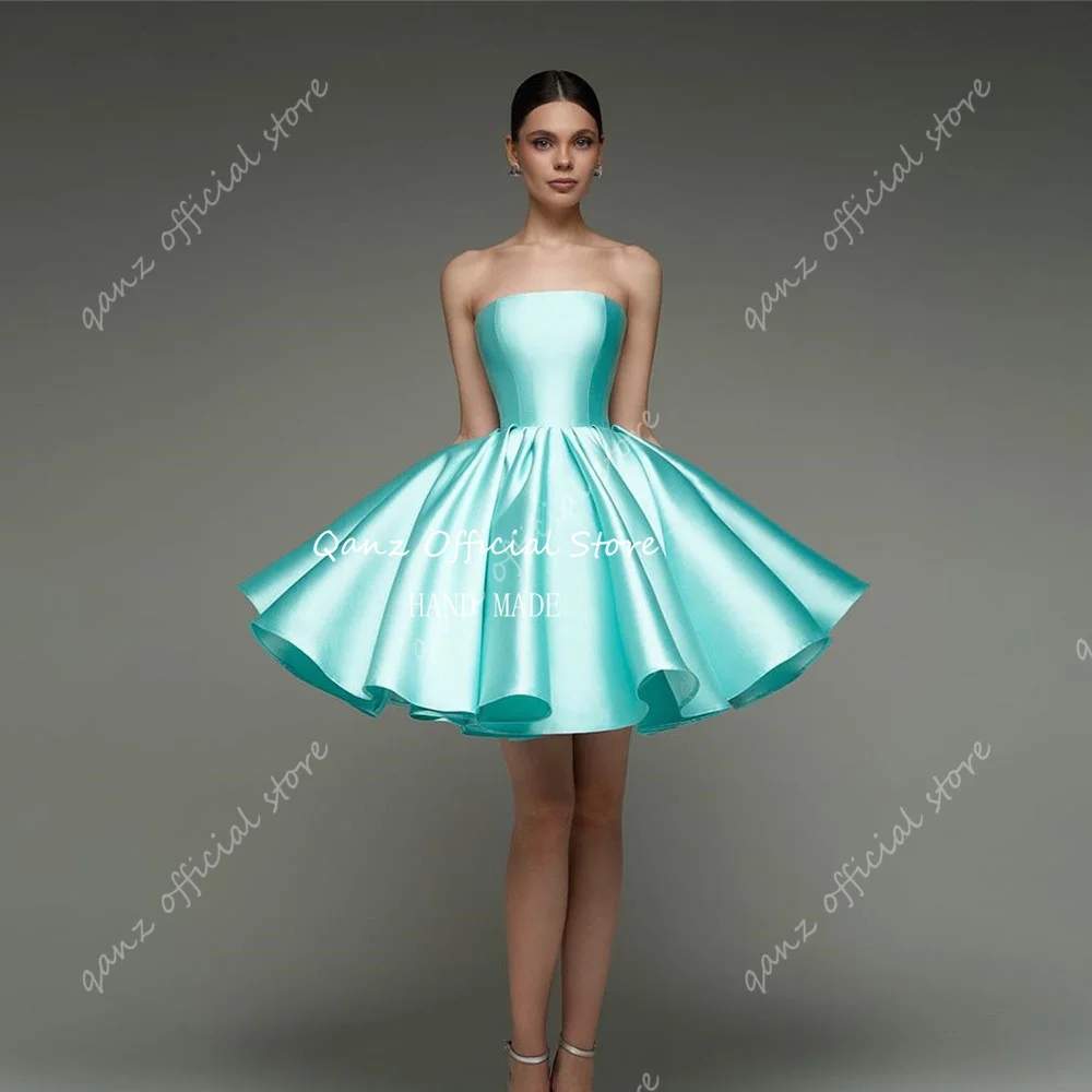 Qanz Strapless Blue Vestidos De Gala Graduación Above Knee Satin Graduation Dress A Line Satin Homecoming Dresses Customized