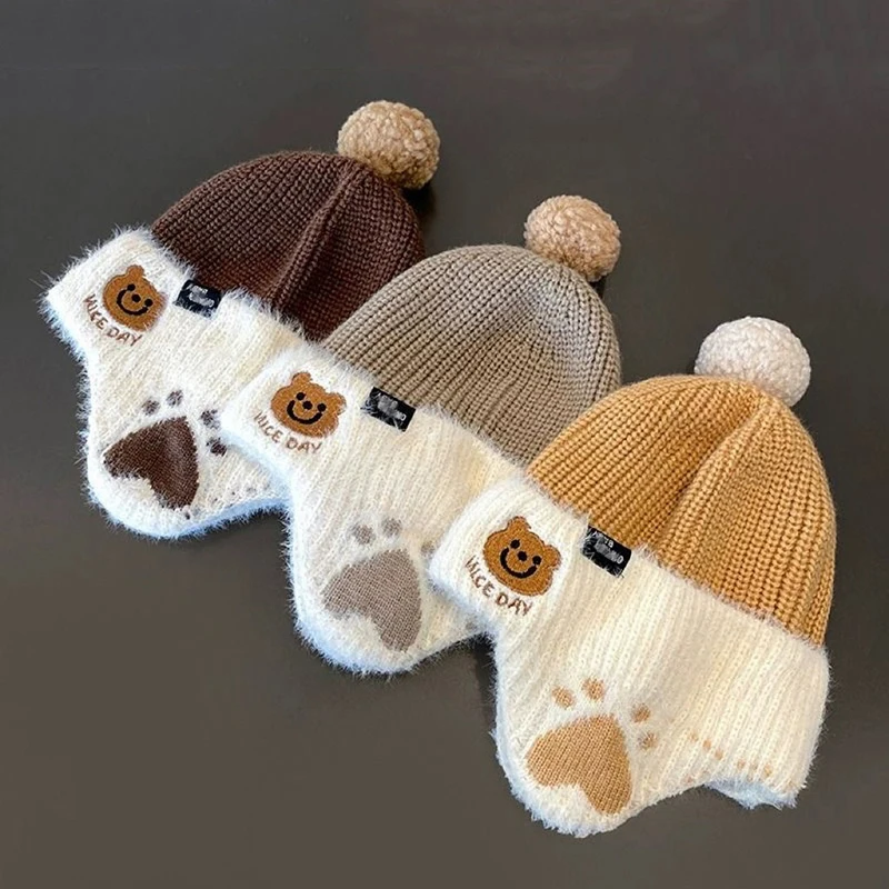 

1 Baby Wool Hat Cute Bear Ear Protective Hat Children's Winter Thickened Warm Knitted Korean Style Baby Hat