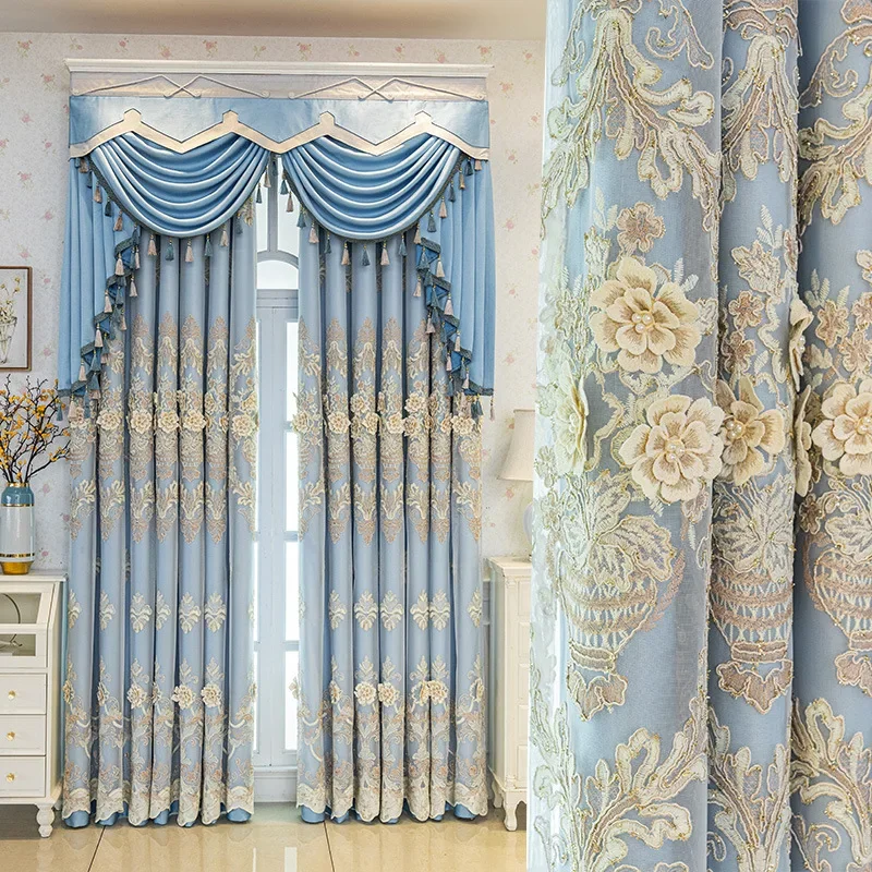 

Simple Double-layer Curtains for Living Room Bedroom European Fabric Gauze Integrated Relief Embroidered Blackout Product Custom