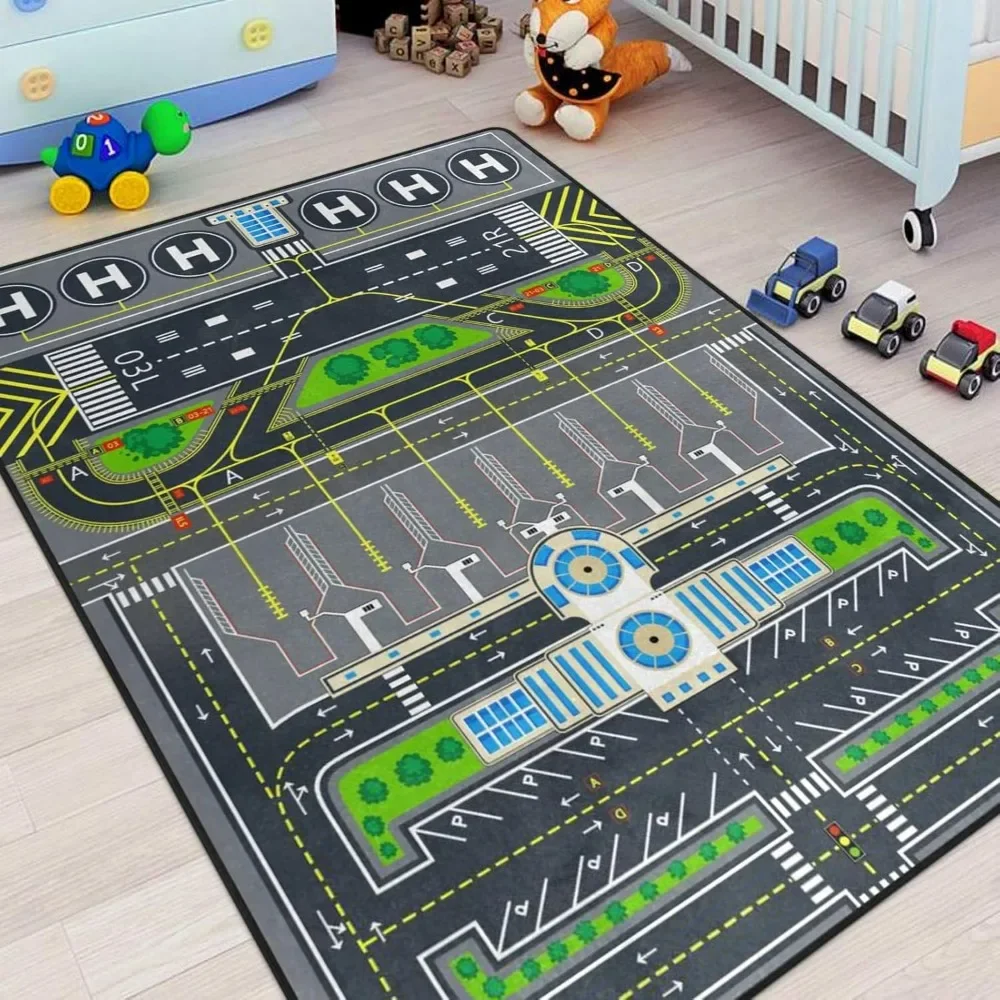 3D Airport Runway Design Play Mat for Kids with City Maze Pattern Educational Floor Carpet for Childrens Playroom Bedroom Decor