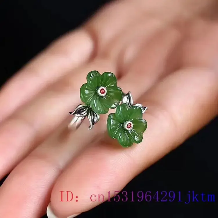 Green Jade Flower Rings Adjustable Ring Gift Chinese Women Jewelry Real Amulet Charm 925 Silver Natural Gemstones Amulets