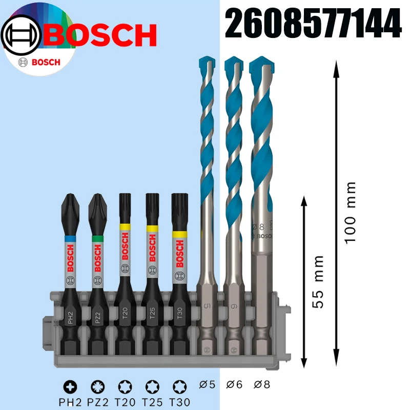 BOSCH 8Pcs PRO Impact Mixed Drill & Screwdriver Bit Set 2608577144 Hex Shank Multi-Material Drilling & Driving Kit