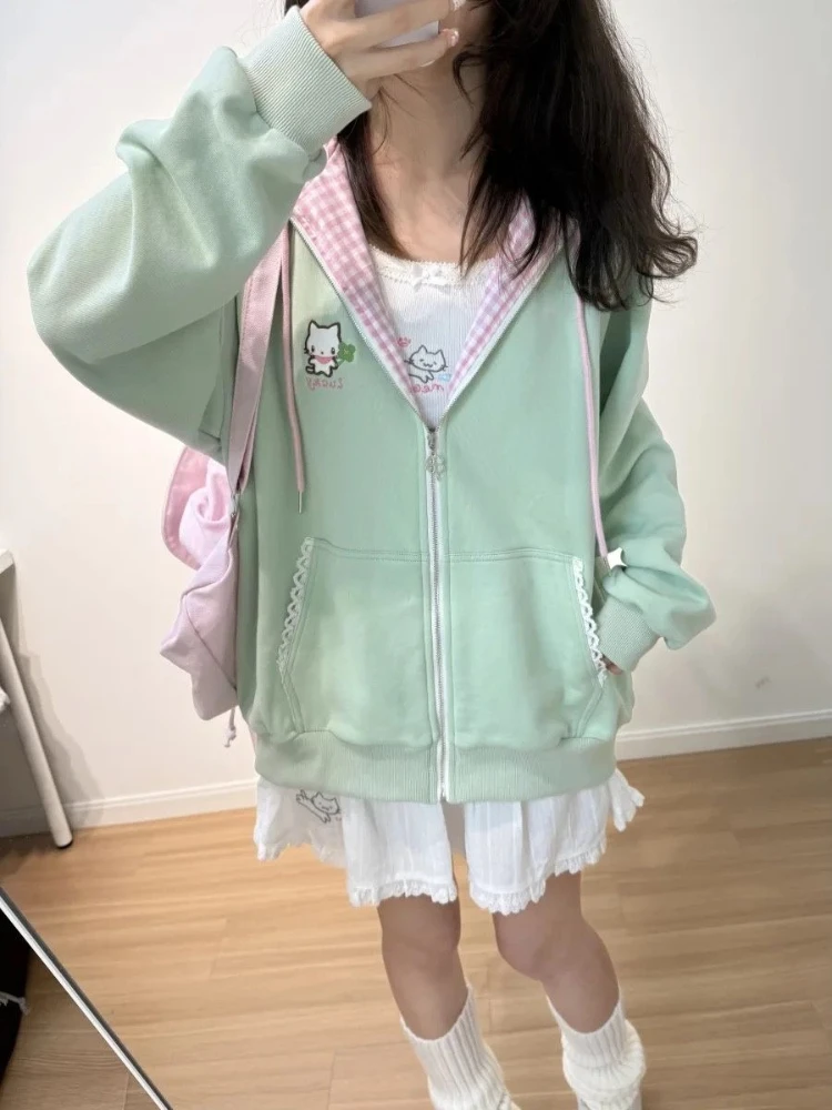 HOUZHOU Kawaii Lace Patchwork Plaid Women Hoodies Sweet Cat Embroidery Japanese Fashion Zipper Hooded Sweatshirt Pocket Loose