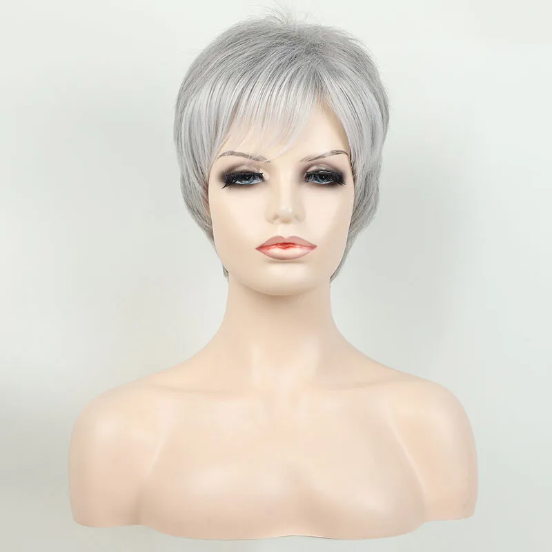

New Ladies Wigs Women's Wig Short Silver Grey Straight Hair Wig+Wig Cap