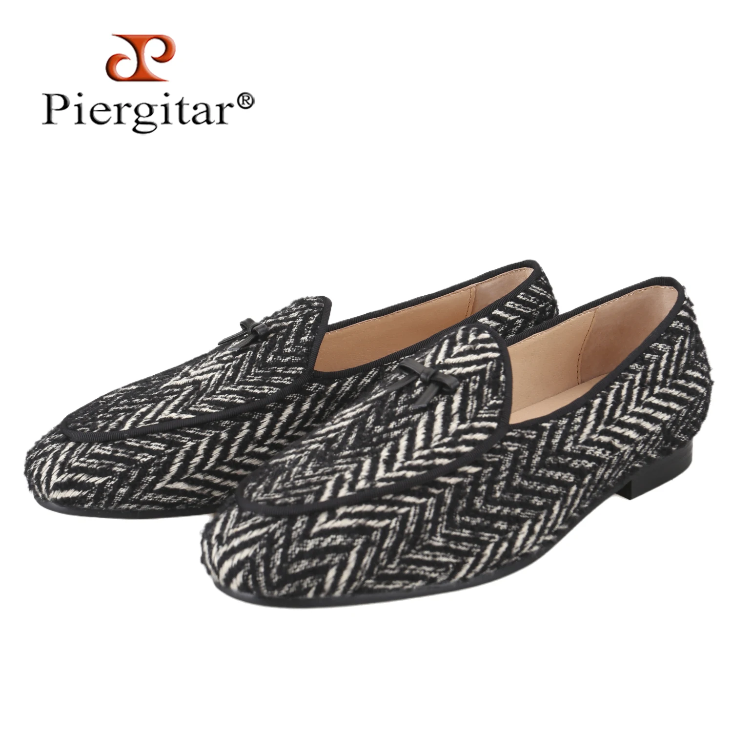 Piergitar Black Grey Knitted Wool Slip-On loafers With Handmade Leather Tie Classic Style Men Smoking Slippers Plus Size Custom