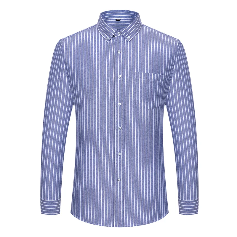 7XL Oxford 100% Cotton Classic Plaid Stripes Solid Color Work Blue White Shirts Men Long Sleeve Men Shirts Long Sleeve Slim Fit