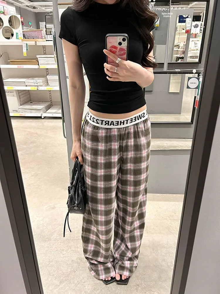 Summer Thin Design Sense Letter Waist Belt Splicing Loose Long Pants  Stripes  Powder Brown Plaid Women's Pants