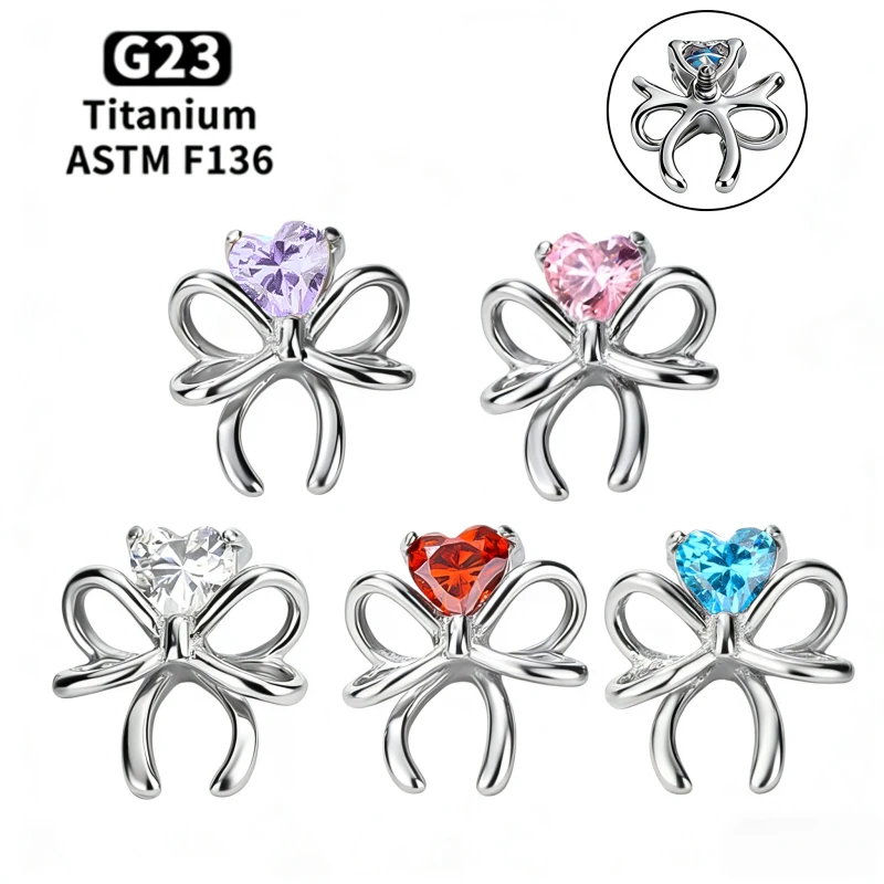 G23 Titanium Heart Shaped Bow Lip Piercing 16G CZ Labret Internal Thread Tragus Helix Cartilage Earrings Nose Piercing Jewelry
