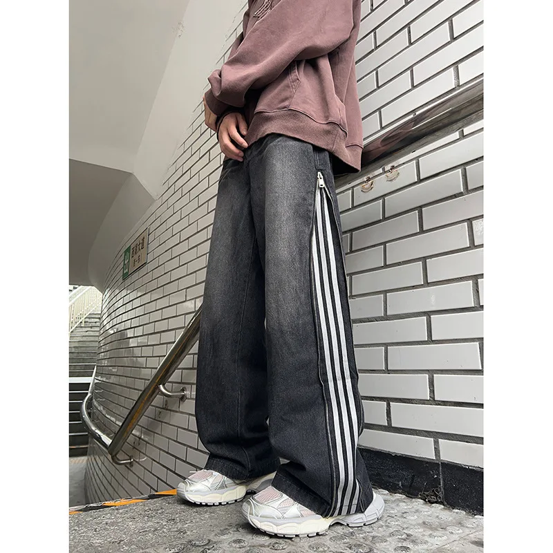 American Retro Jeans Striped Side Zipper Decoration Loose Wide Leg Pants Washed Straight Leg Casual Denim Pants Spring Autumn