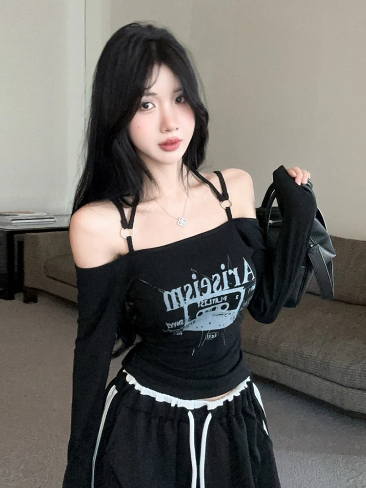Sexy Chic Long Sleeve Shoulder Bared T-Shirt Ring Design  Top for Young Women Summer Fashion Casual Wear