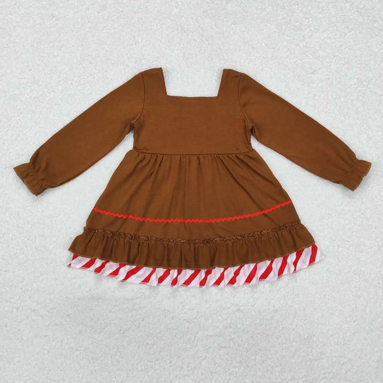 Kids Girls Long Sleeve Brown Dress With Bow Toddler Boutique Clothes Cotton Children Christmas Clothing